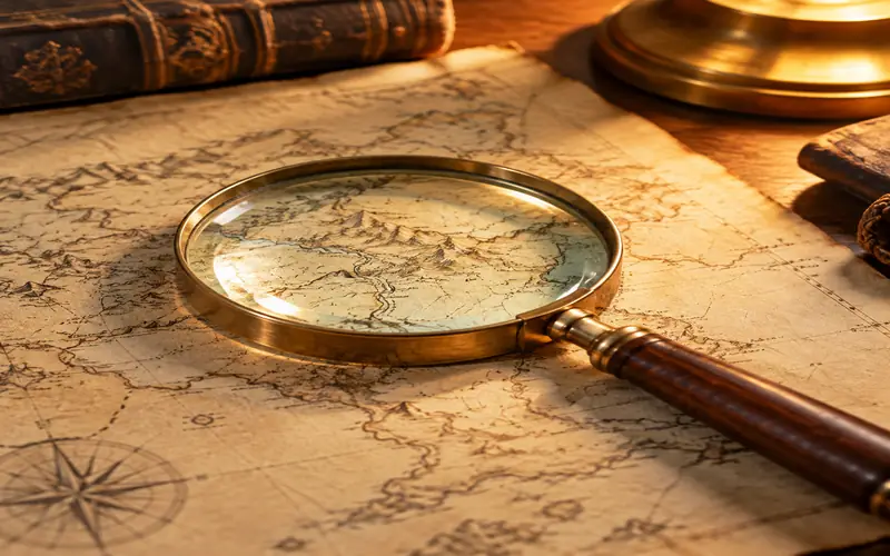 Magnifying glass on an old map