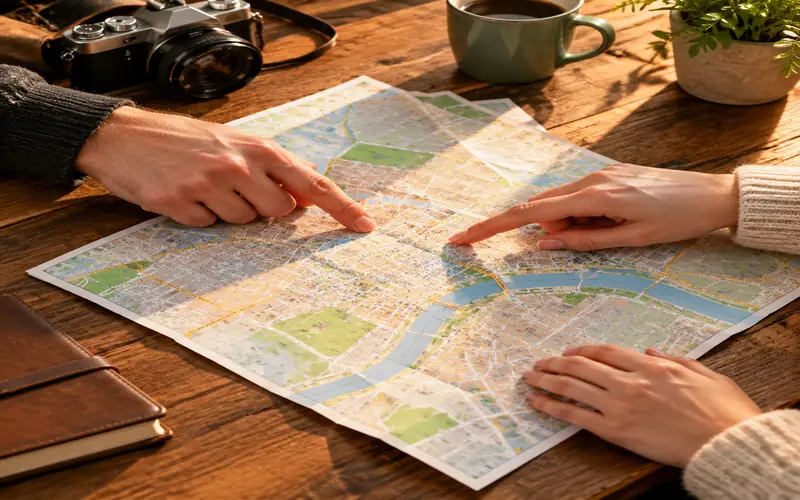 Hands comparing a paper map
