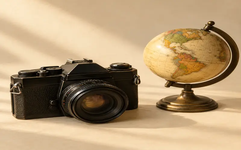 Vintage camera beside a small globe