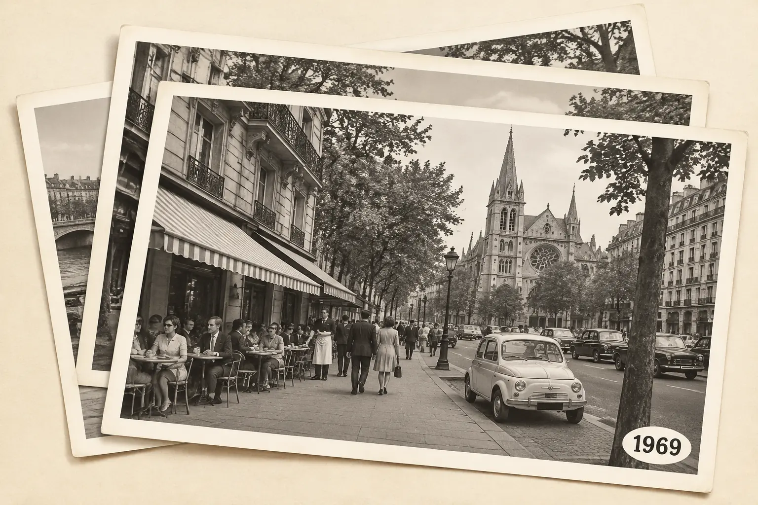 Stacked vintage photo prints with a 1969 year dial